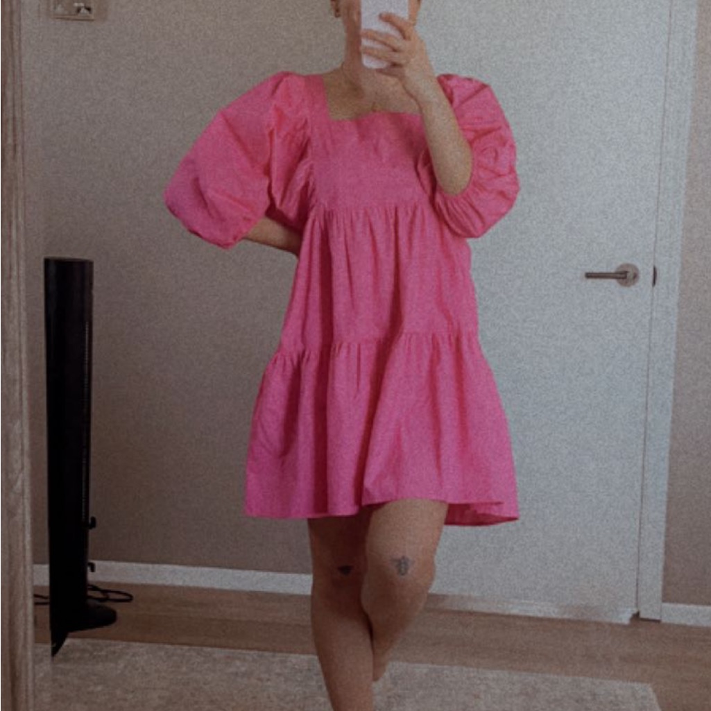 A New Day Hot Pink Puff-Sleeve Tiered Mini Dress